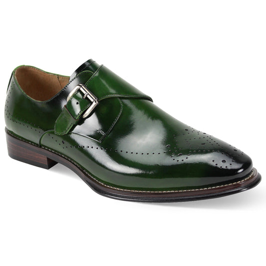 Introducing the Giovanni Jeffery Green Leather Shoes by GIOVANNI, featuring a sleek Monk strap design with a side buckle and decorative medallion toe perforations.