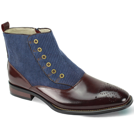 Introducing the Giovanni Kendrick Burgundy/Navy Leather Shoes by GIOVANNI, featuring a polished blend of brown leather and blue fabric with decorative perforations, gold eyelets, and an inside zipper for easy wear.