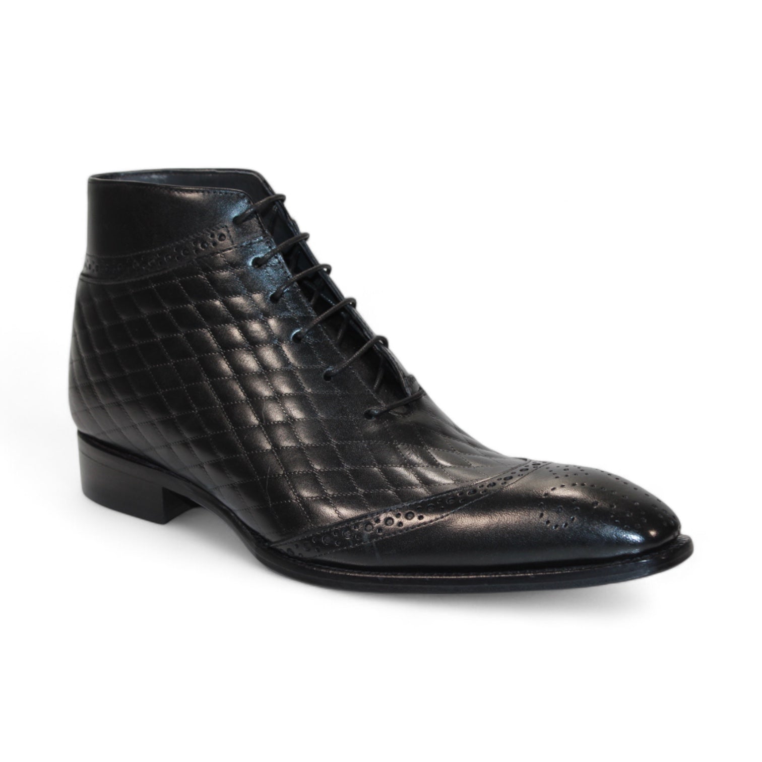 Introducing the Duca Di Matiste Lauro in black, a leather dress boot that showcases a quilted design and brogue detailing. Featuring an embossed croco texture for added sophistication, this Italian-made boot perfectly blends elegance with exquisite craftsmanship.