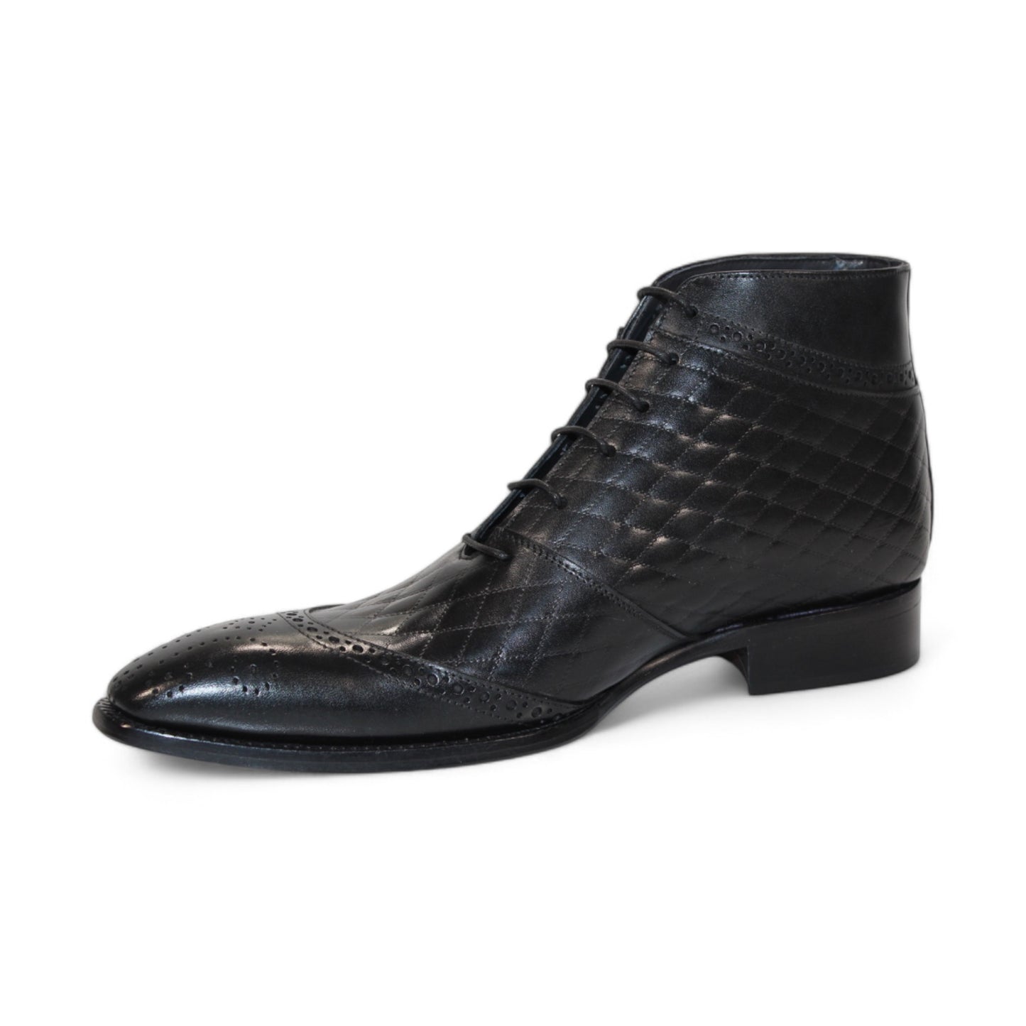 Introducing the Duca Di Matiste Lauro in black, a leather dress boot that showcases a quilted design and brogue detailing. Featuring an embossed croco texture for added sophistication, this Italian-made boot perfectly blends elegance with exquisite craftsmanship.