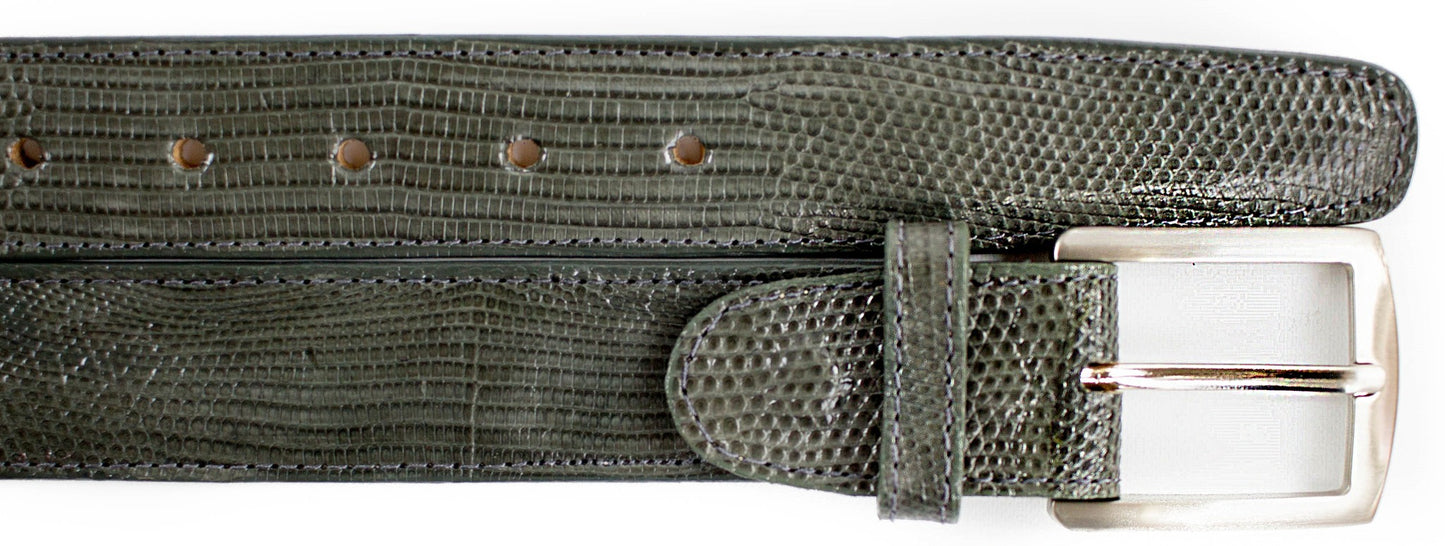 This adjustable belt from Belvedere, crafted with a black textured leather that mirrors the sleek design of a lizard belt, includes a silver buckle and multiple adjustment holes, capturing the elegance of Style #2003.