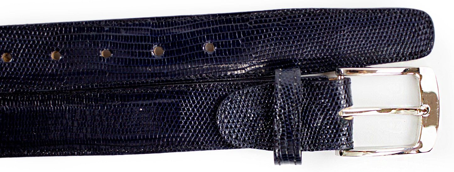 This adjustable belt from Belvedere, crafted with a black textured leather that mirrors the sleek design of a lizard belt, includes a silver buckle and multiple adjustment holes, capturing the elegance of Style #2003.