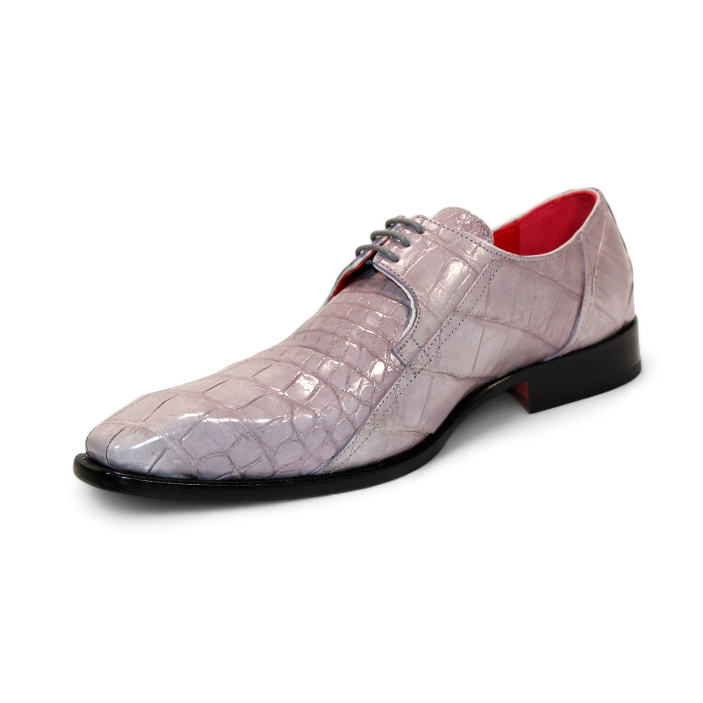 The Fennix "Logan" Grey Shoes by Fennix of Italy are a luxurious single dress shoe meticulously crafted, showcasing genuine alligator leather in a light purple hue with a crocodile pattern. They feature a pointed toe, black sole, red interior lining, and lace-up closure for the ultimate statement piece.