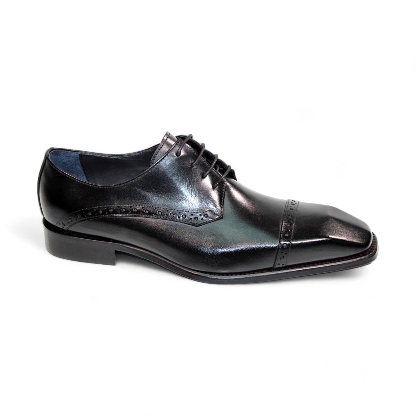 Duca Di Matiste Lombardi (Black) is a precisely crafted Italian shoe featuring black leather, brogue detailing, and a square toe.