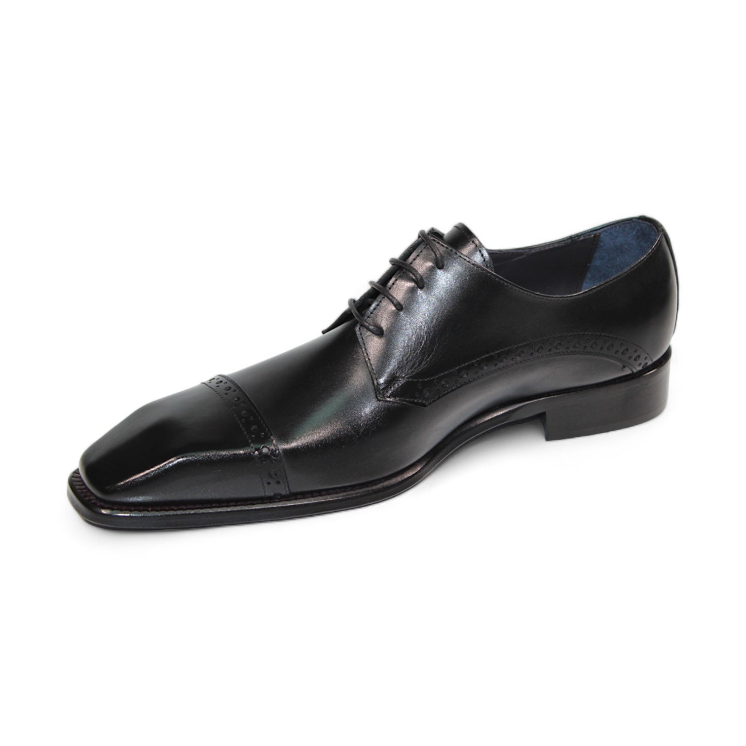 Duca Di Matiste Lombardi (Black) is a precisely crafted Italian shoe featuring black leather, brogue detailing, and a square toe.