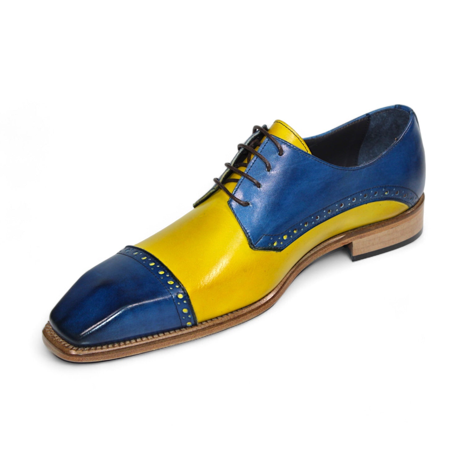 The Duca Di Matiste Lombardi dress shoe, featuring vibrant ocean blue and yellow leather with decorative perforations and brown laces, is expertly crafted in Italy.