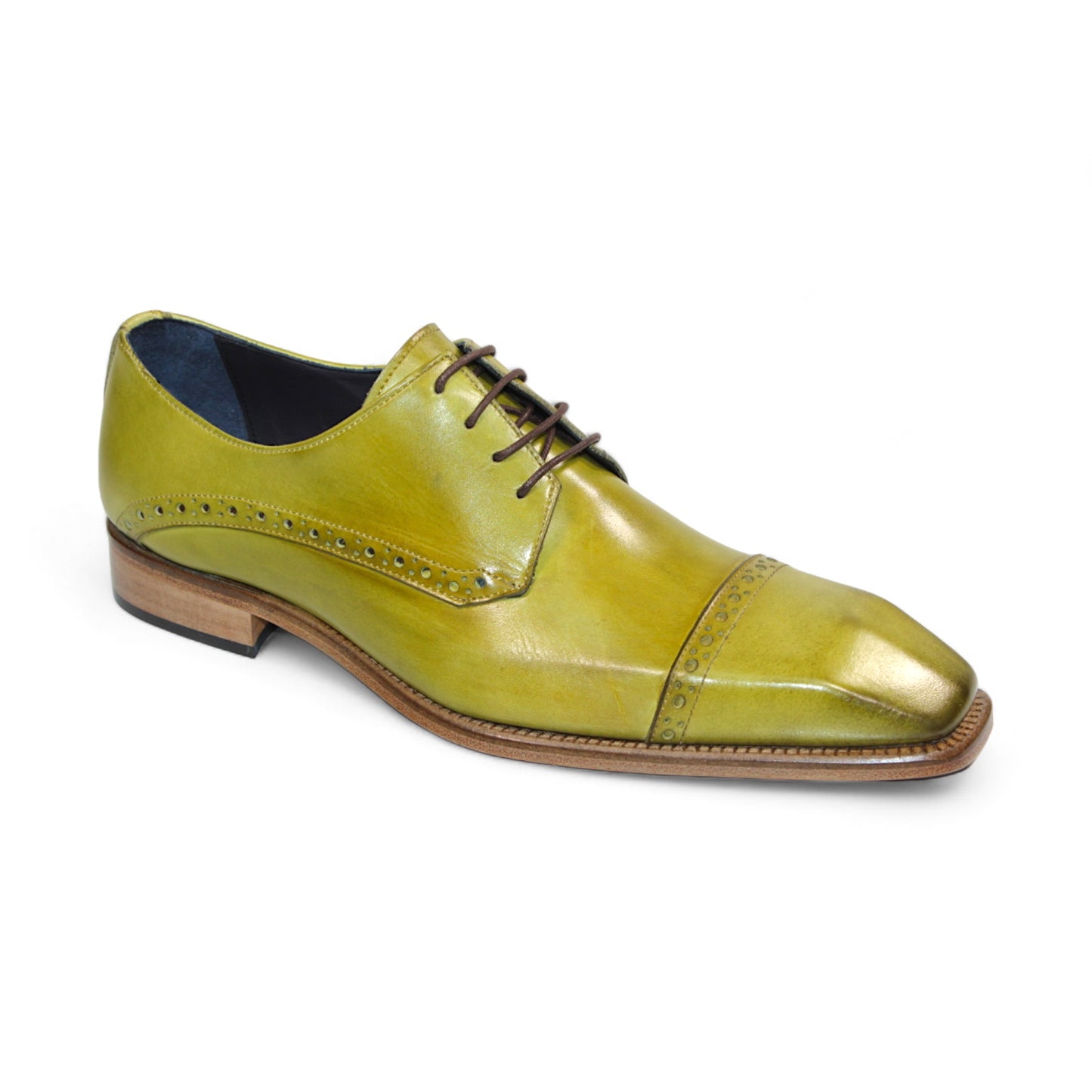 Introducing the Duca Di Matiste Lombardi (Olive), a high-quality leather dress shoe crafted in Italy. This exquisite shoe features brown laces, a square toe, and decorative perforations on a wooden heel sole.