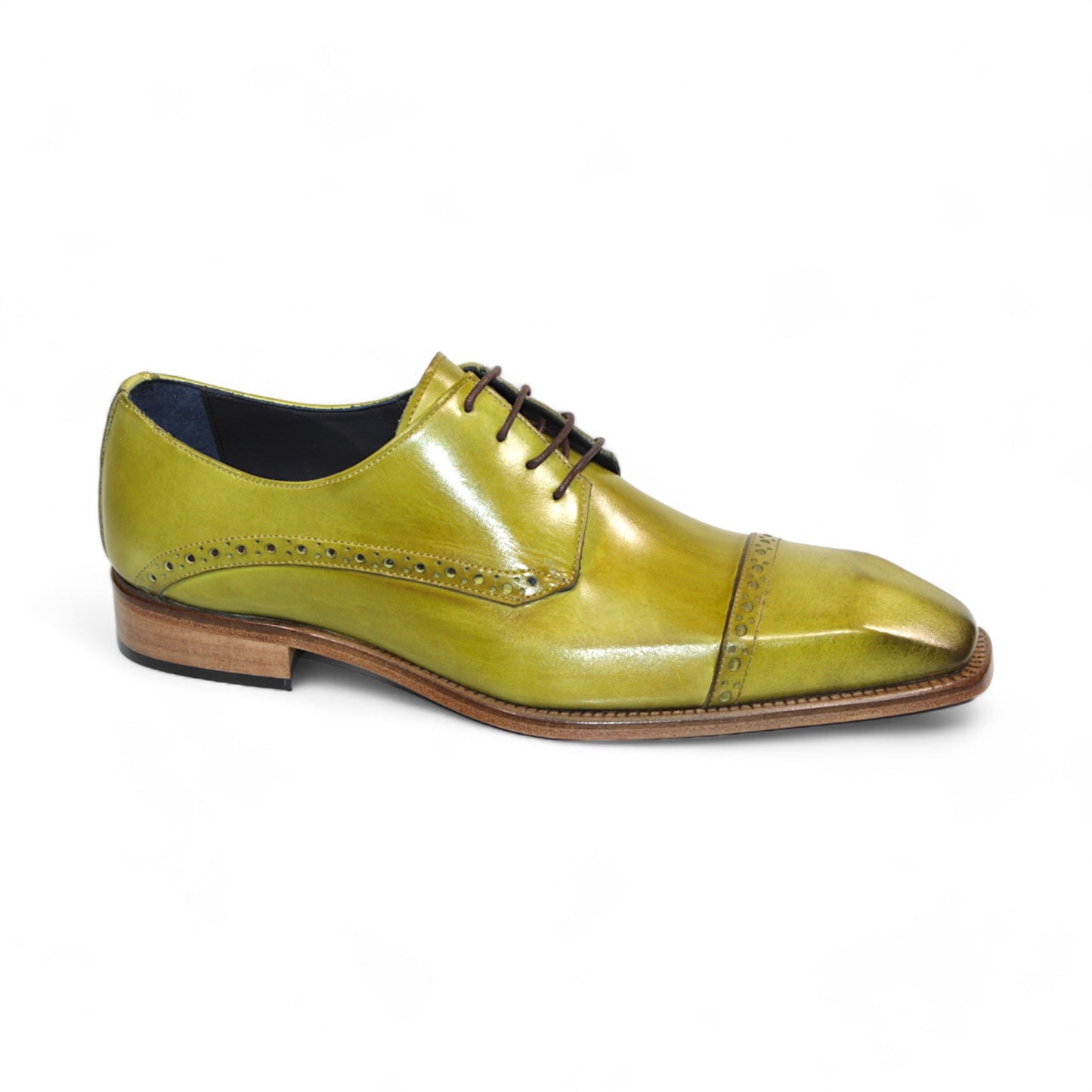 Introducing the Duca Di Matiste Lombardi (Olive), a high-quality leather dress shoe crafted in Italy. This exquisite shoe features brown laces, a square toe, and decorative perforations on a wooden heel sole.