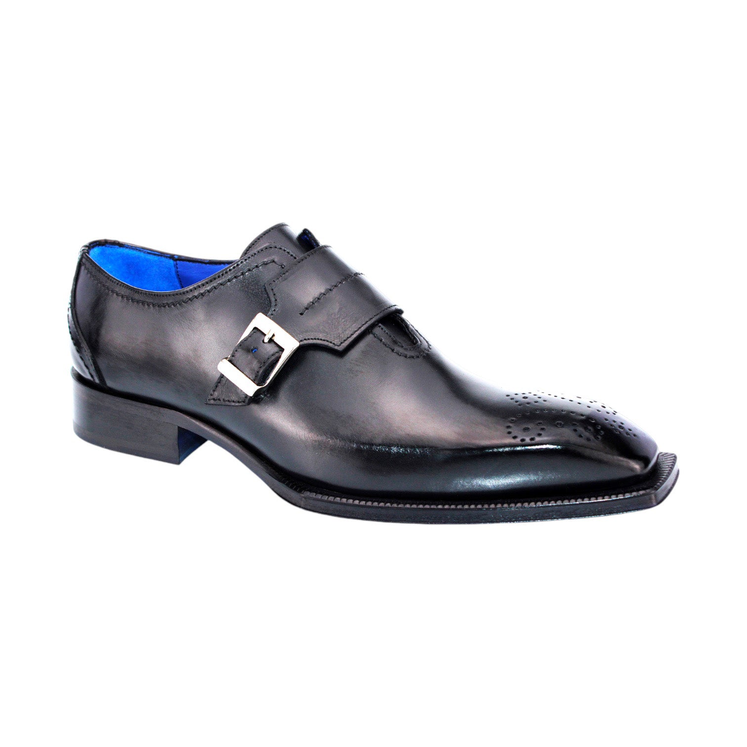 Introducing the Emilio Franco "Luca II" Black Shoes, crafted in Italy with premium leather. These elegant dress shoes feature a single silver buckle and a stylish blue interior lining, complemented by a low heel and sophisticated perforated detailing on the toe cap.