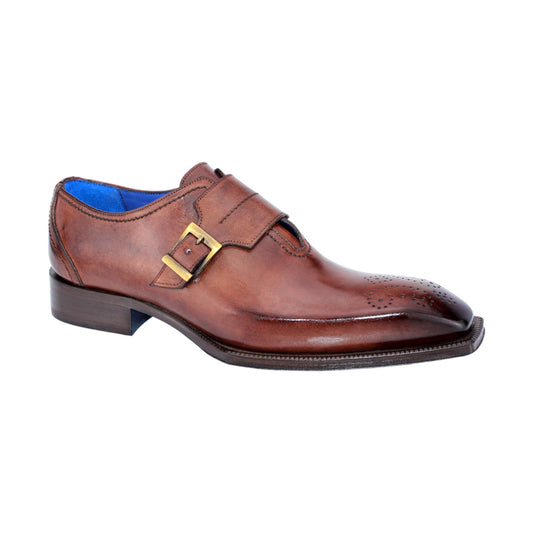 The "Luca II" Chocolate Shoes by Emilio Franco are brown leather dress shoes made in Italy, showcasing a single buckle and perforated detailing on the toe, with a blue interior lining.