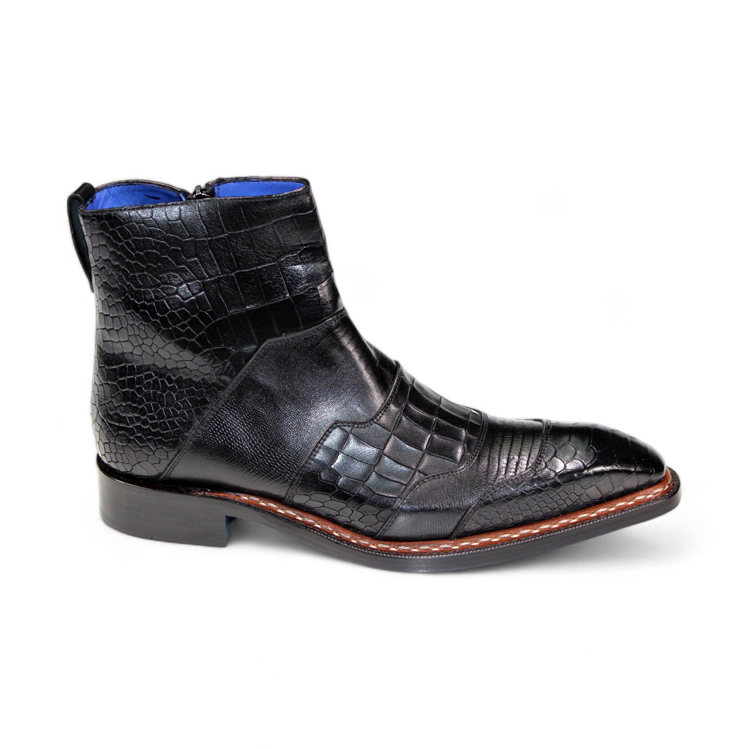 Rear view of the Emilio Franco "Lucio" black embossed leather ankle boot, featuring a blue interior lining, crafted in Italy, displayed on a white background.