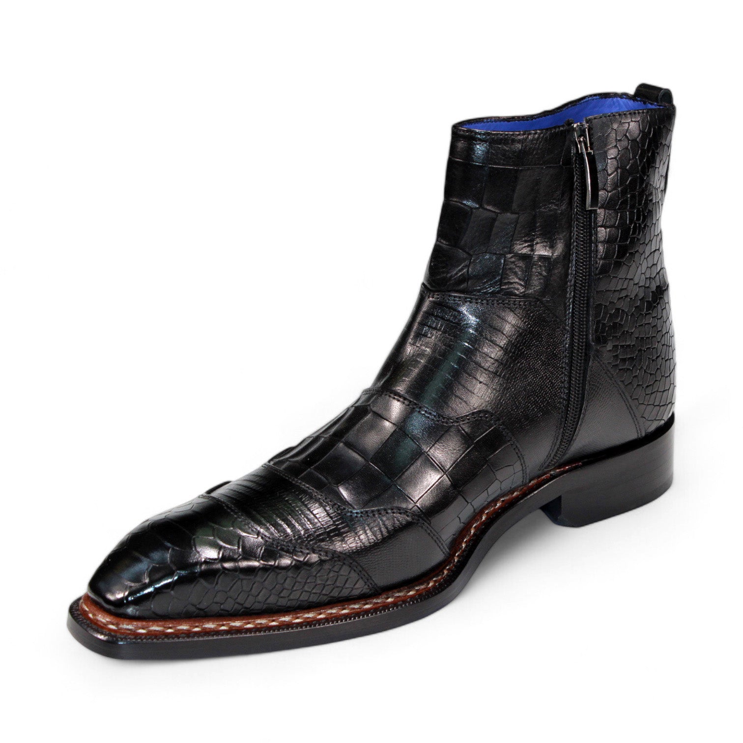 Rear view of the Emilio Franco "Lucio" black embossed leather ankle boot, featuring a blue interior lining, crafted in Italy, displayed on a white background.