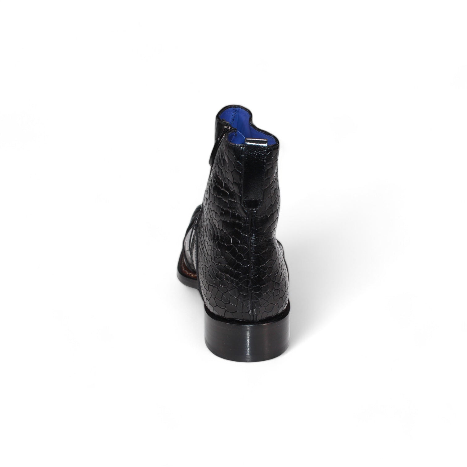 Rear view of the Emilio Franco "Lucio" black embossed leather ankle boot, featuring a blue interior lining, crafted in Italy, displayed on a white background.