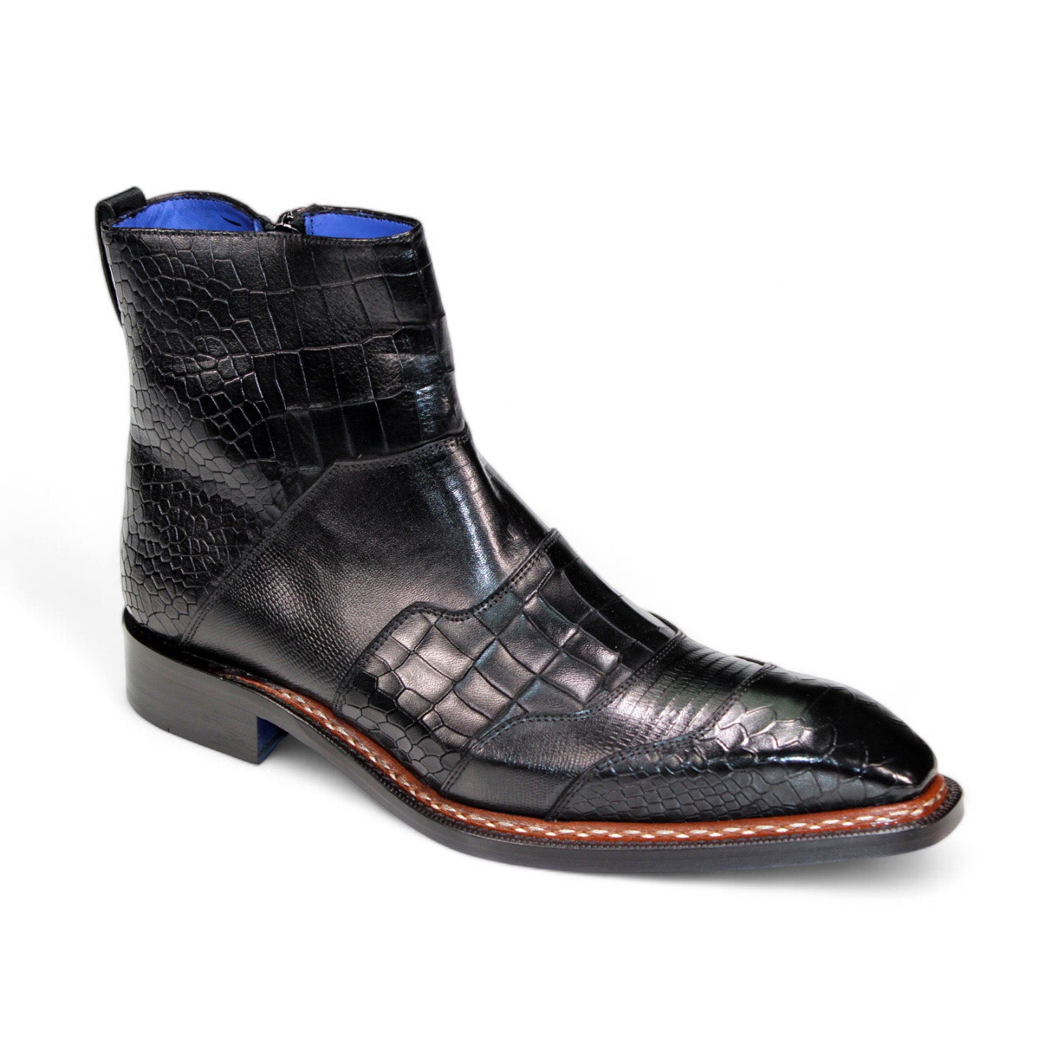 Rear view of the Emilio Franco "Lucio" black embossed leather ankle boot, featuring a blue interior lining, crafted in Italy, displayed on a white background.