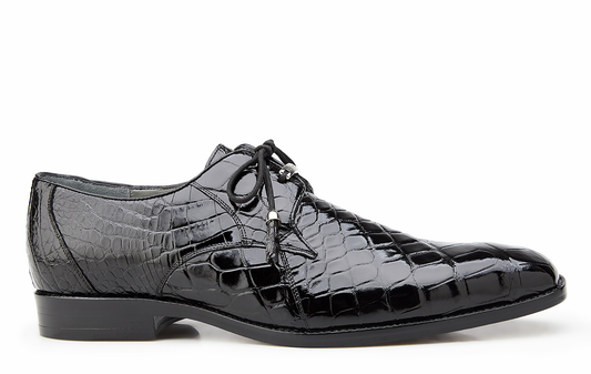 Introducing the Belvedere - Lago, Genuine American Alligator Dress Shoe by BELVEDERE, a sophisticated black footwear choice with tassel laces, a low heel, and sumptuous leather lining.