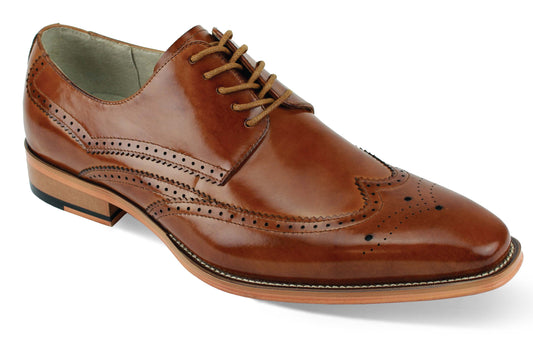 The Giovanni Lincoln Tan Leather Shoes by GIOVANNI are stylish brogue wingtip shoes, distinguished by intricate perforations and laces. They feature a polished appearance with a wooden sole detail.