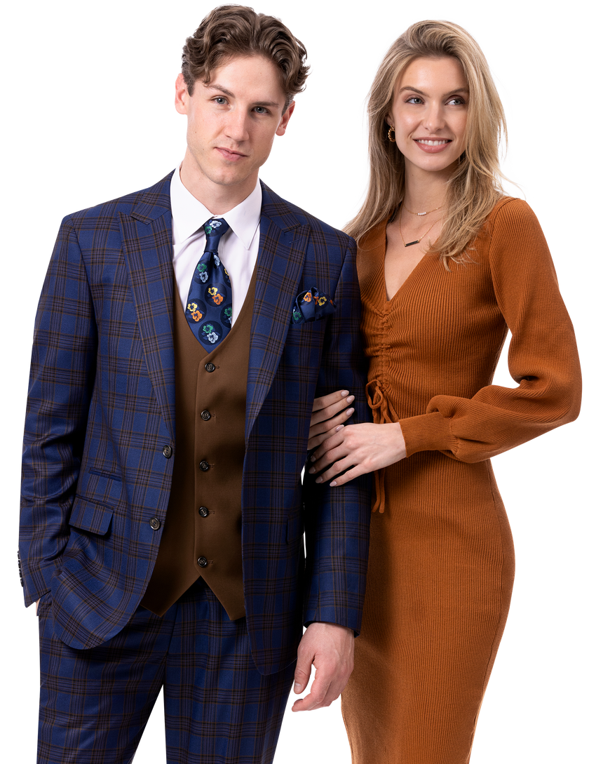 A man in an EJ SAMUEL modern fit, Navy M2800 suit and a woman in a brown dress pose together, smiling.