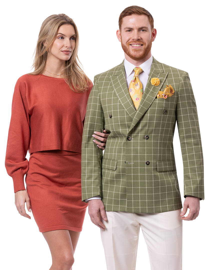 A woman in an orange dress stands beside a man wearing the EJ Samuel Olive Suit M2806, featuring a green checkered pattern and a yellow tie from the brand EJ SAMUEL.