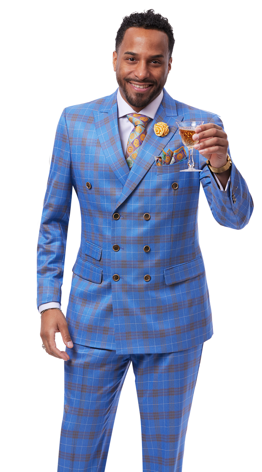 A man wearing the stylish EJ Samuel Blue Suit M2810 from the EJ SAMUEL brand smiles and holds a glass of champagne.