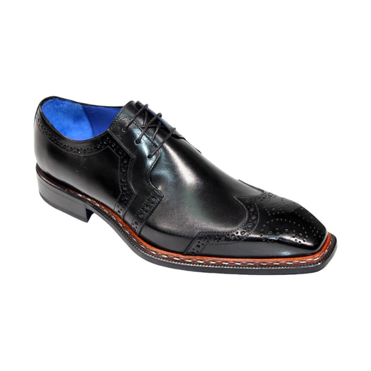 Introducing the Emilio Franco "Marco" Black Shoes: These expertly crafted Italian leather dress shoes feature decorative stitching and a striking blue interior.