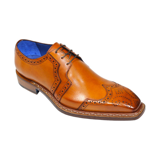 Emilio Franco "Marco" Gold Shoes, crafted in Italy, featuring a brown leather brogue design with intricate stitching, blue lining, and a wooden sole, viewed from the side.