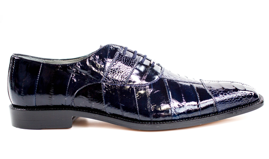 The Belvedere - Mare, a genuine ostrich and eel dress shoe in navy, is showcased on a white background. Crafted by BELVEDERE, this sophisticated shoe boasts a sleek leather sole, low heel, and lace-up closure, perfectly fusing elegance with style.