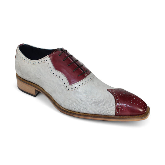 The Duca Di Matiste Marino (Bordo/Bone) by Duca Di Matiste is a men's oxford shoe made in Italy, showcasing embossed snake leather with a white texture, burgundy leather accents, and a brown wooden heel. It features a sophisticated lace-up closure.