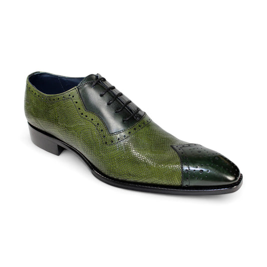 The Duca Di Matiste Marino in Green/Olive is a dress shoe crafted from embossed snake leather, featuring black detailing and a perforated toe cap.