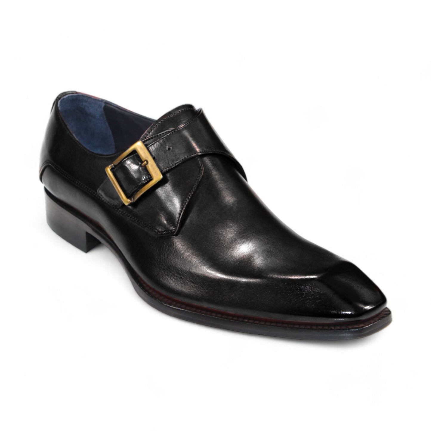 The Duca Di Matiste Massa (Black) from Duca Di Matiste is a black leather dress shoe designed with genuine Italian leather, characterized by a gold buckle strap and a square toe, elegantly displayed against a plain white background.