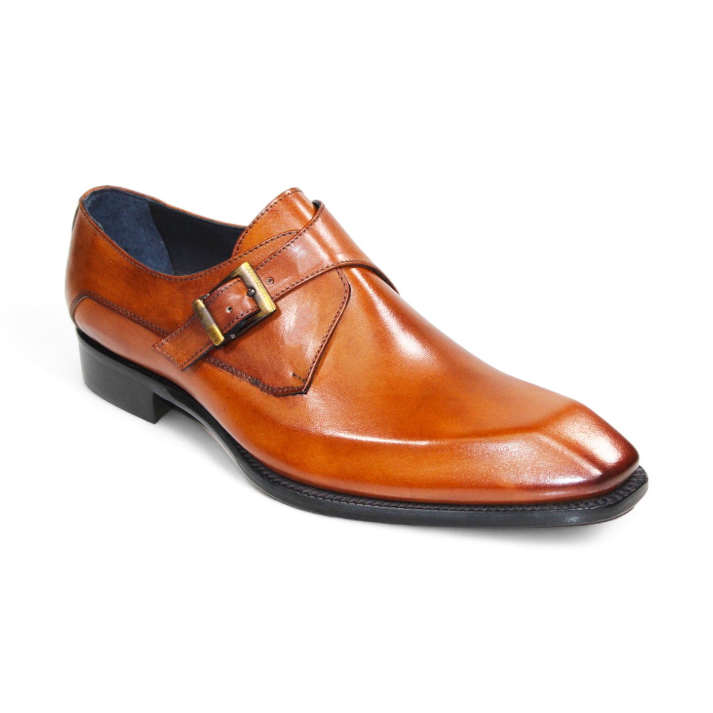 The Duca Di Matiste Massa (Gold) is an expertly crafted Italian dress shoe in brown patent leather, featuring a single buckle strap and a low black heel.