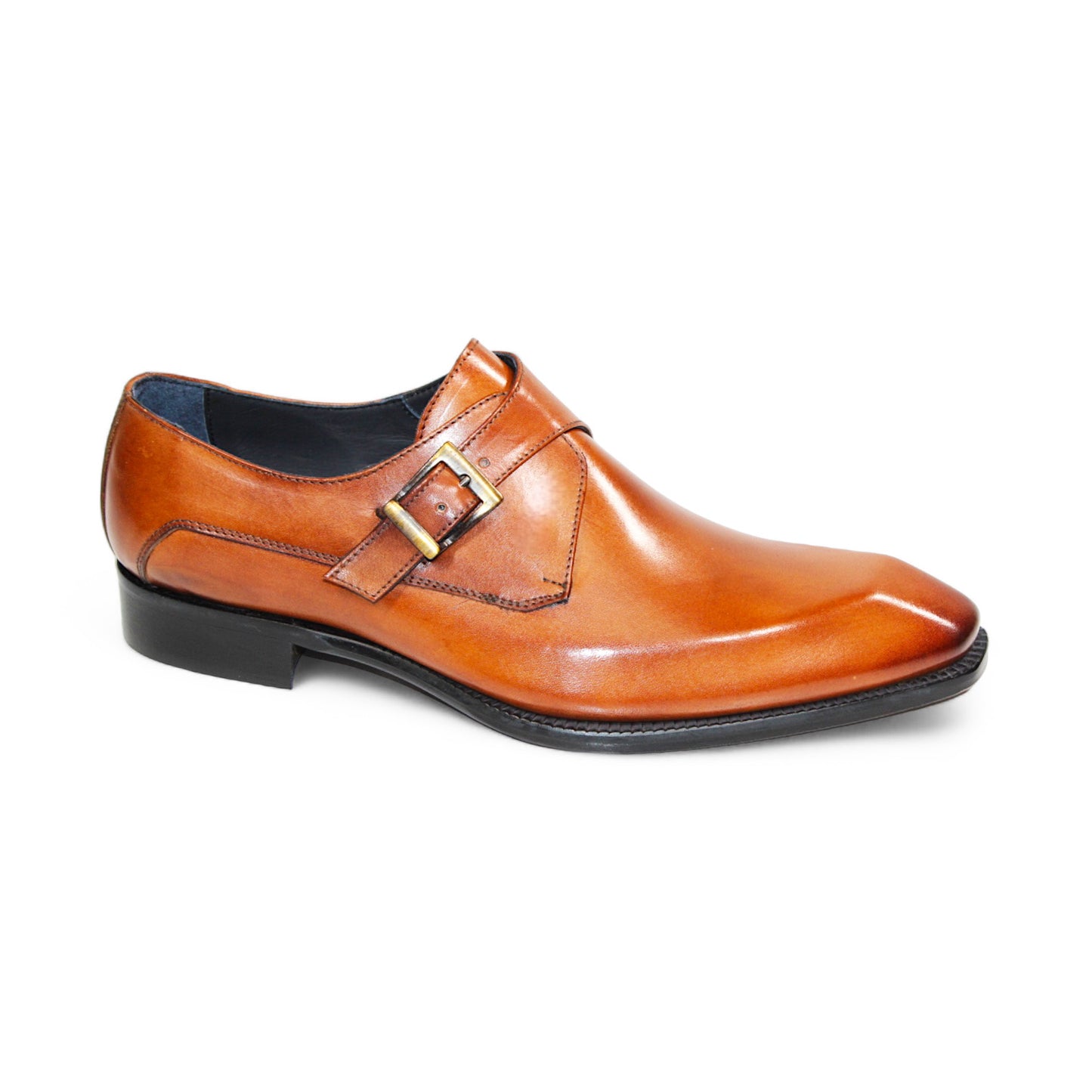 The Duca Di Matiste Massa (Gold) is an expertly crafted Italian dress shoe in brown patent leather, featuring a single buckle strap and a low black heel.