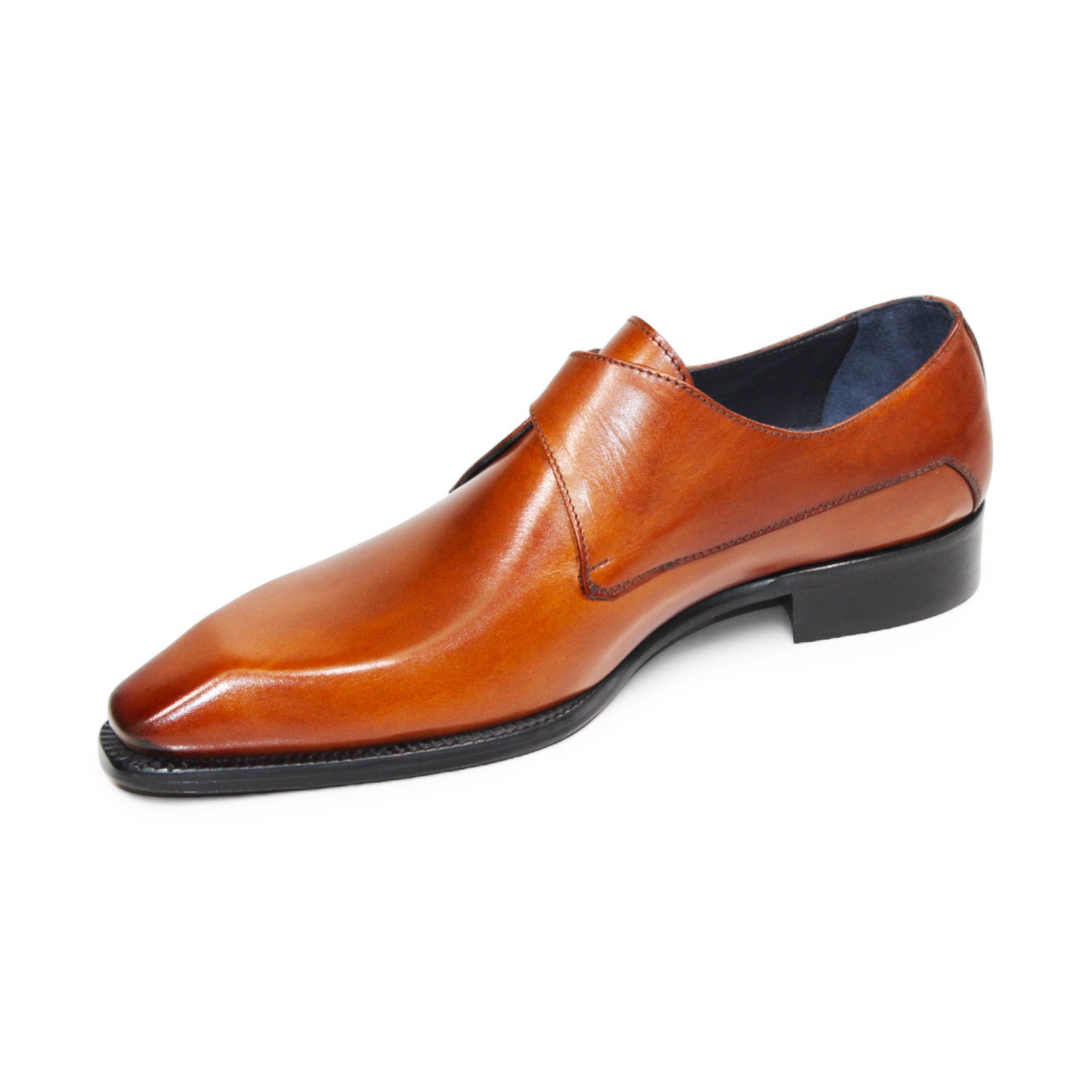 The Duca Di Matiste Massa (Gold) is an expertly crafted Italian dress shoe in brown patent leather, featuring a single buckle strap and a low black heel.