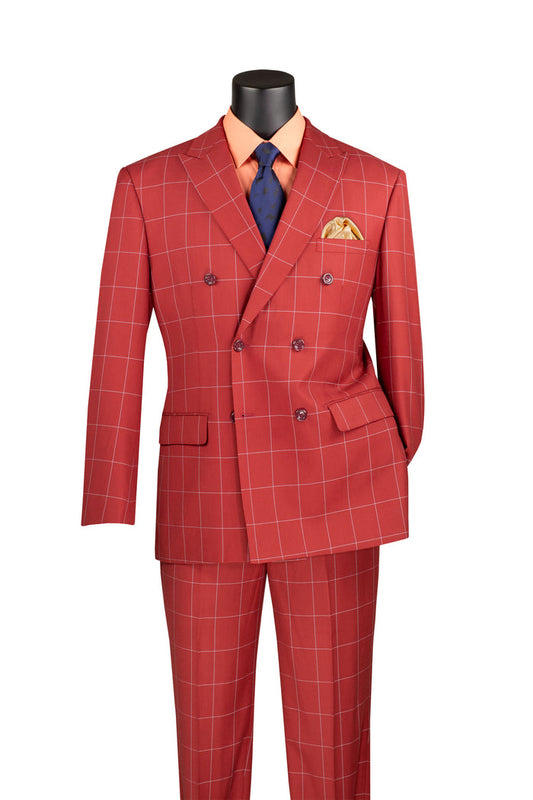 The Vinci Suits Modern Fit Double Breasted Windowpane Peak Lapel Suit in Baked Apple, paired with an orange shirt, blue tie, and gold pocket square is displayed on a black mannequin.