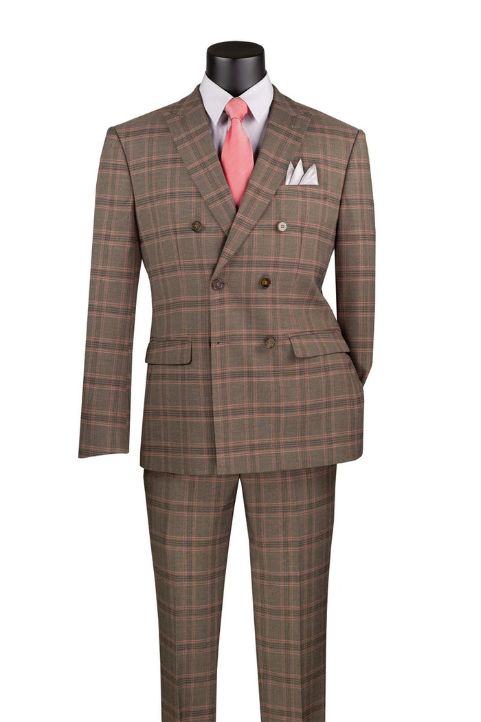 Vinci Suits' Modern Fit Glen Plaid Double Breasted Suit in brown, paired with a crisp white dress shirt, pink tie, and a stylish pocket square.