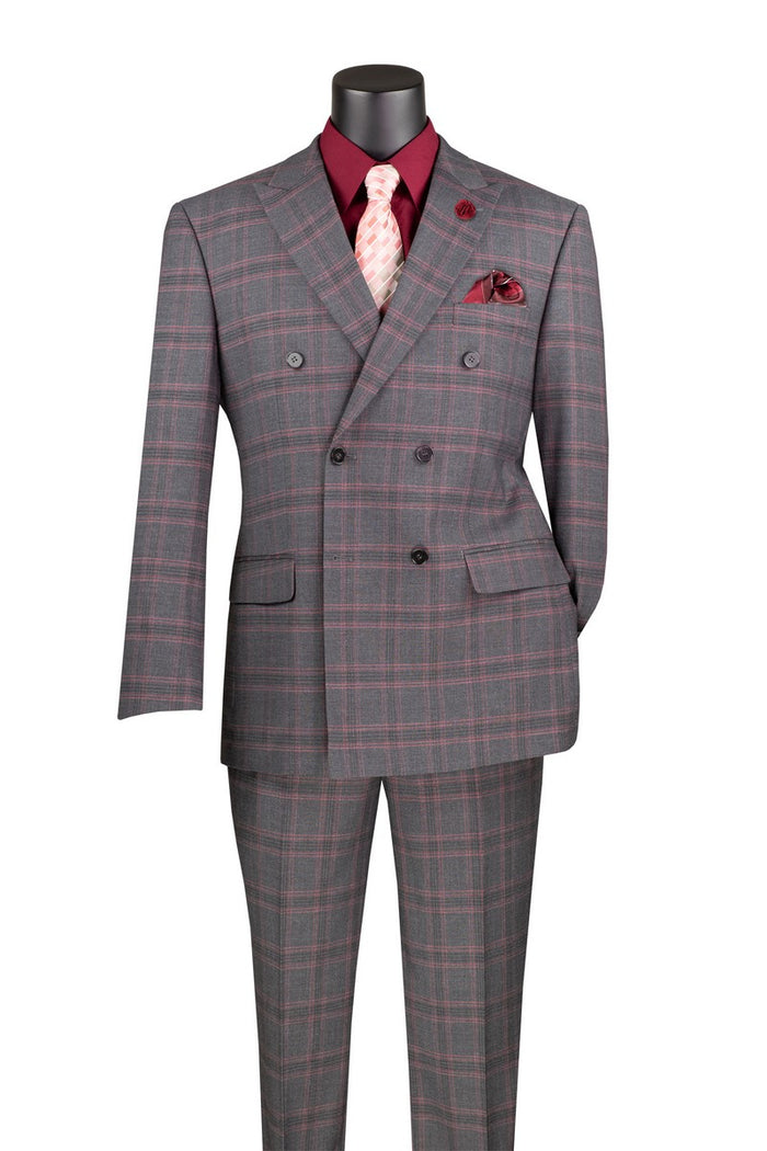 A mannequin stylishly displays the Vinci Suits Modern Fit Double Breasted Glen Plaid Peak Lapel 2 Piece Suit in charcoal, effortlessly paired with a red shirt, pink tie, and matching pocket square.