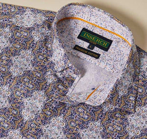 Inserch Premium Cotton Mediterranean Print Short Sleeve Shirt SS017-11 Navy