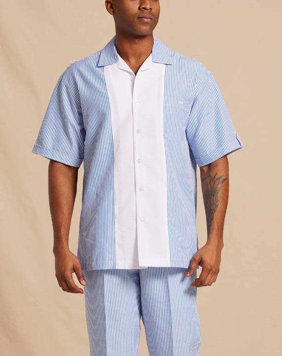 Inserch Seersucker Colorblocked Camp Collar Shirt + Pant Sets 7289 (4 COLORS)
