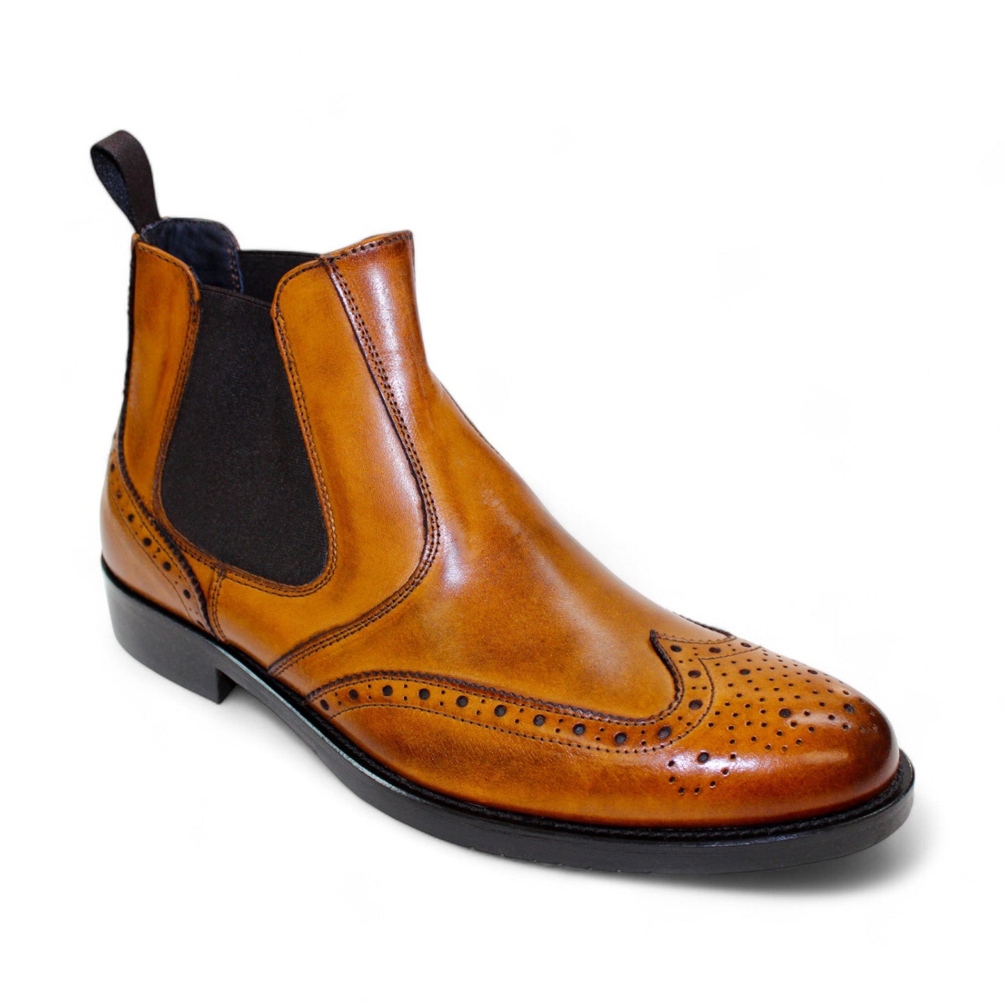 The Firmani Michael Cognac Boot is a stylish option, featuring black elastic side panels and decorative brogue detailing on the toe and sides.