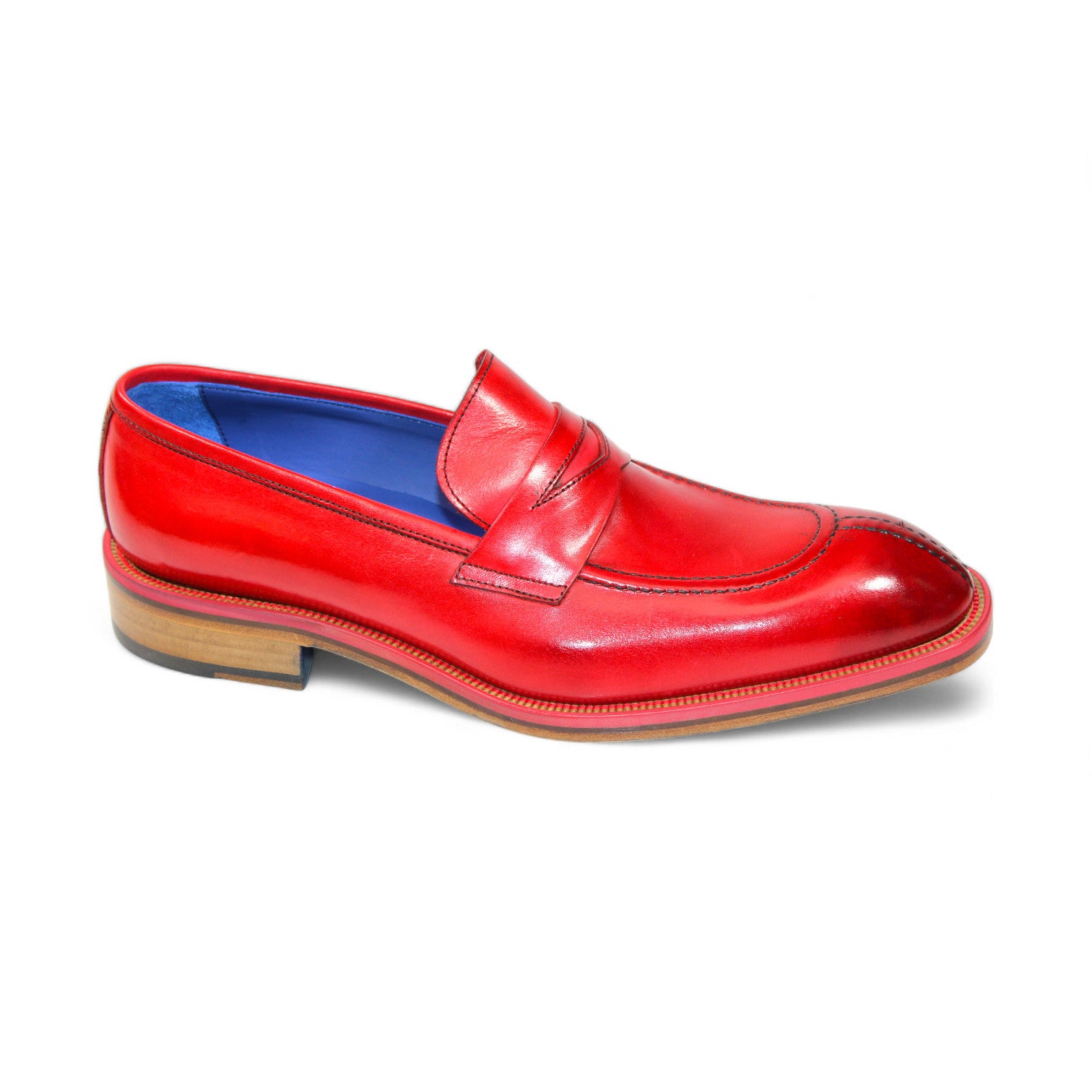 Emilio Franco "Mirko" Red Shoes, crafted in Italy, featuring a blue interior and wooden sole, showcased against a white background.