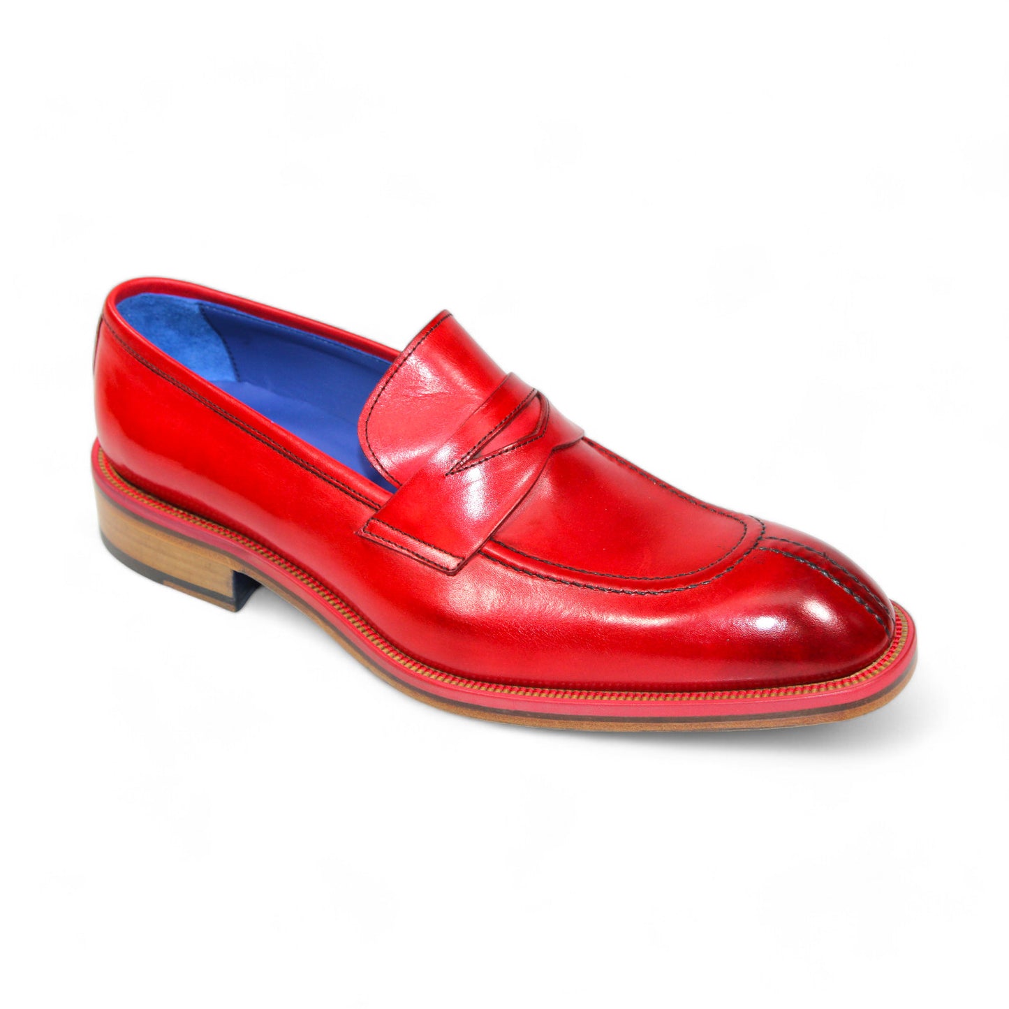 Emilio Franco "Mirko" Red Shoes, crafted in Italy, featuring a blue interior and wooden sole, showcased against a white background.