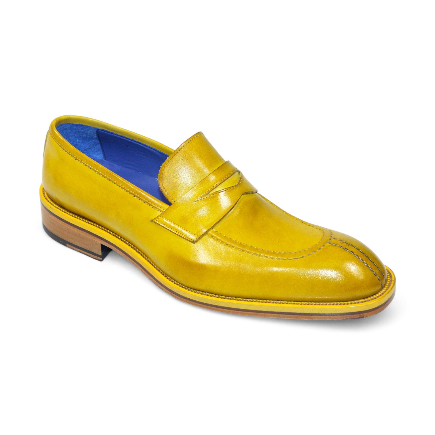 The Emilio Franco "Mirko" Yellow Shoes, made from Italian leather, feature one yellow and one red loafer with blue interiors, elegantly arranged overlapping against a white background.