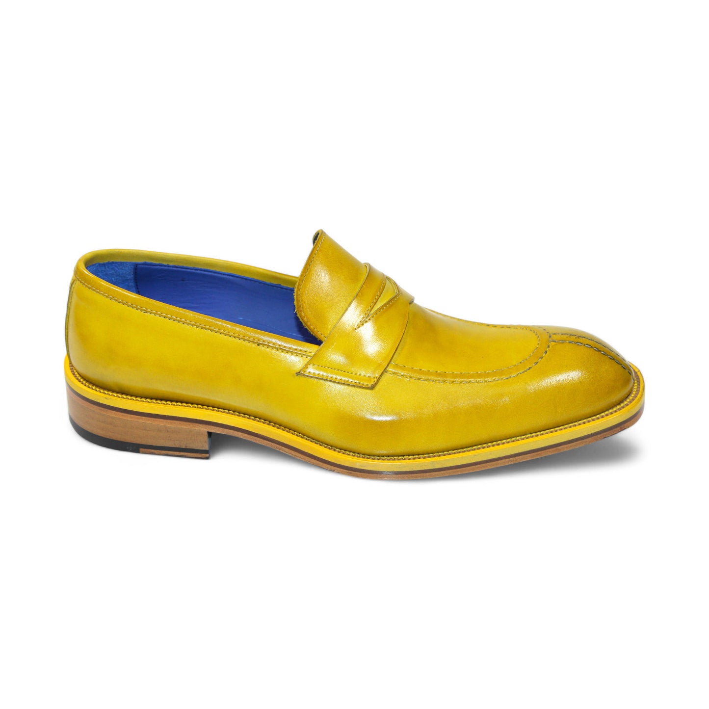 The Emilio Franco "Mirko" Yellow Shoes, made from Italian leather, feature one yellow and one red loafer with blue interiors, elegantly arranged overlapping against a white background.