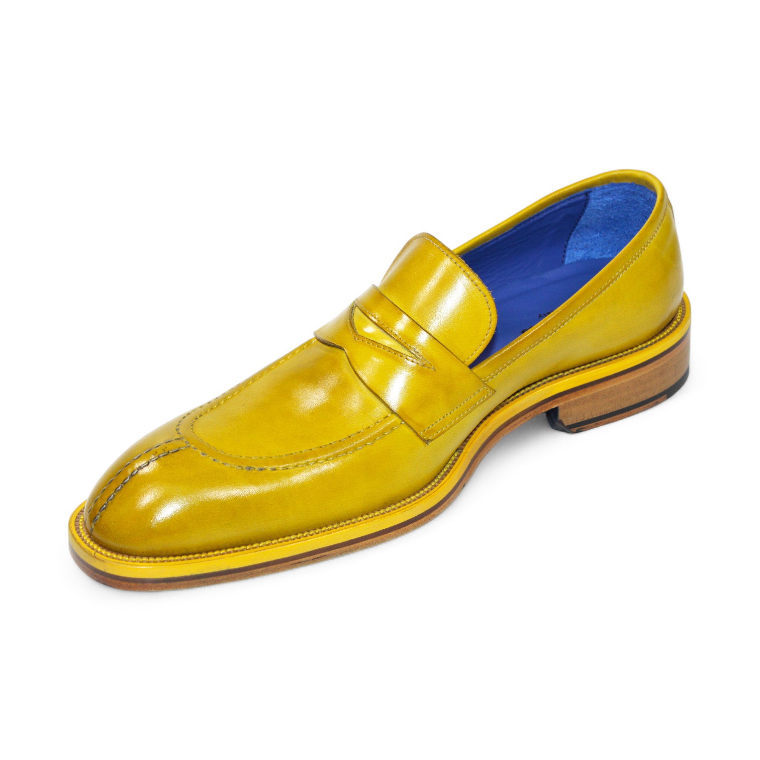 The Emilio Franco "Mirko" Yellow Shoes, made from Italian leather, feature one yellow and one red loafer with blue interiors, elegantly arranged overlapping against a white background.