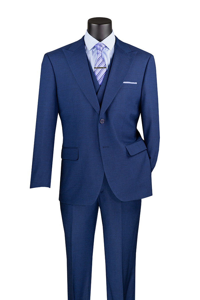 The Vinci Suits "Vinci Modern Fit 3 Piece Suit with Vest and Adjustable Waist Band Pants Navy MV2K-2" is elegantly displayed on a mannequin. This navy suit features a poly rayon blend and comes complete with a striped dress shirt and tie.