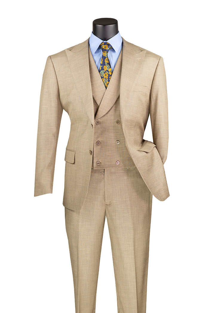 The Vinci Modern Fit 3 Piece Suit in taupe from Vinci Suits showcases an elegantly crafted double-breasted vest with an adjustable waistband, paired with a light blue dress shirt and a floral tie, all beautifully displayed on a mannequin.