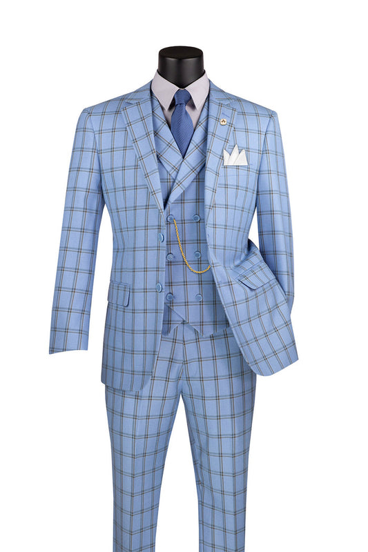 The Vinci Modern Fit Windowpane Suit 3 Piece Light Blue MV2W-4 by Vinci Suits exudes luxury with its wool-like texture. Displayed on a mannequin, it features a sophisticated blue plaid design paired with a white shirt, blue tie, and pocket square. Its modern fit and subtle windowpane pattern create an effortlessly chic look.