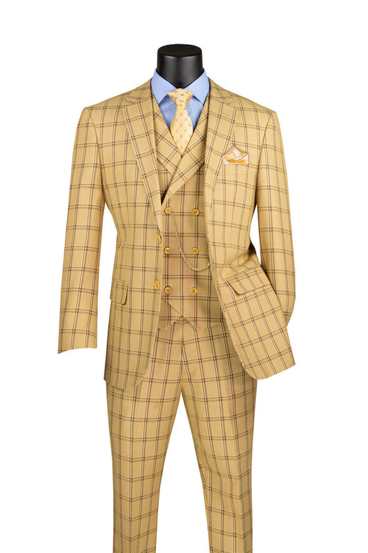 A mannequin showcases the Vinci Modern Fit Windowpane Suit 3 Piece in Tan, featuring a blue shirt and yellow tie, complete with a pocket square and chain.