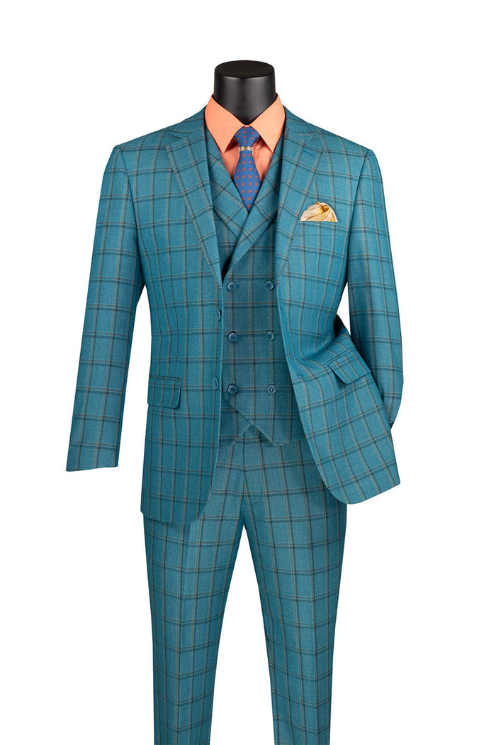 On display is the Vinci Modern Fit Windowpane Suit 3 Piece in Teal (MV2W-4) from Vinci Suits, complemented by an orange shirt, blue tie, and yellow pocket square. This modern fit ensemble delivers a luxurious wool feel with a subtle windowpane pattern for an elegant touch.