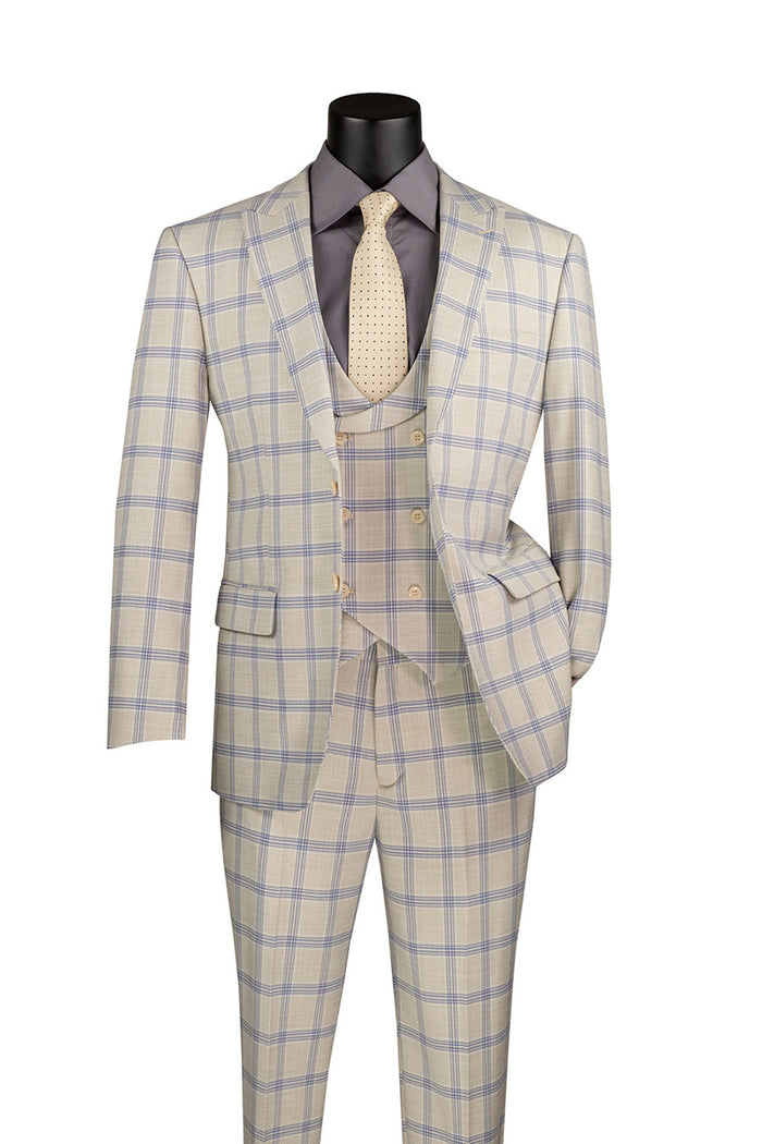 Displayed on a black mannequin, the Vinci Suits modern fit three-piece ensemble showcases a light beige, cream, blue, and grey windowpane pattern. It includes a U-neck vest and comes with a coordinating light beige tie.