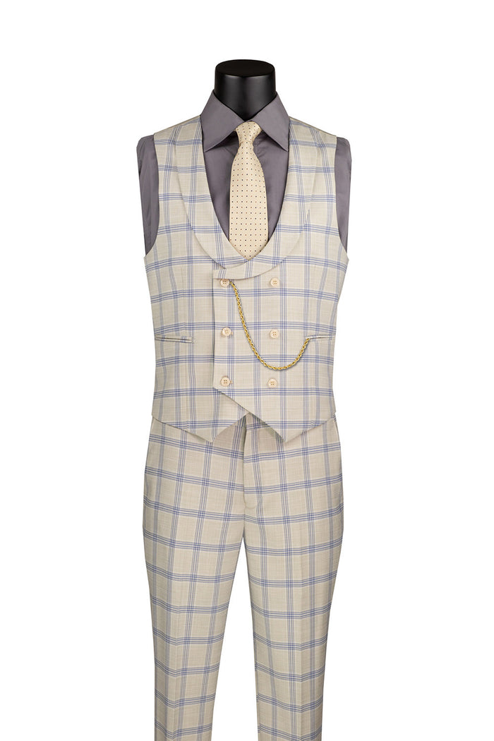 Displayed on a black mannequin, the Vinci Suits modern fit three-piece ensemble showcases a light beige, cream, blue, and grey windowpane pattern. It includes a U-neck vest and comes with a coordinating light beige tie.